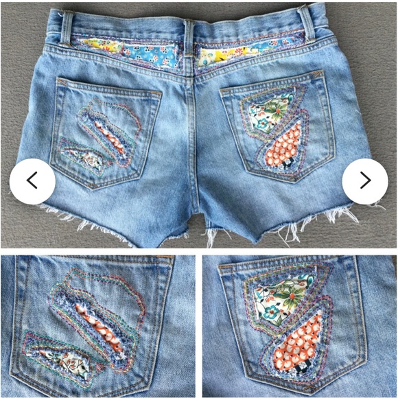 Reworked Upcycled denim shorts sashiko bro visible mending hand sewn 29” waist - Picture 2 of 9